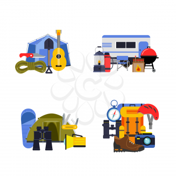 Vector set of flat style camping elements piles illustration. Tourism equipment, camp and backpack, travel and recreation