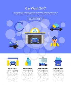 Vector landing page banner poster illustration with car wash flat icons