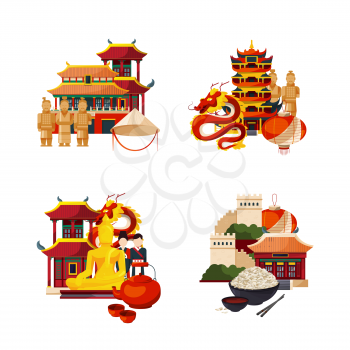 Vector set of flat style china elements and sights piles illustration. Building and architecture, pagoda ancient, chinese lantern and tea