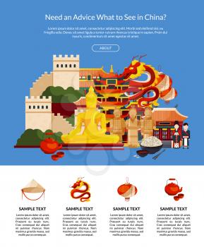 Vector flat style china elements and sights landing page illustration