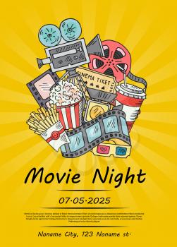 Vector cinema doodle icons poster for movie night or festival on sunrays bacgkround illustration. Ticket to multimedia, camera and popcorn