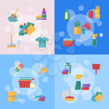 Vector cleaning flat icons illustration for colored banner or poster