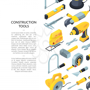 Vector construction tools isometric icons background with place for text illustration