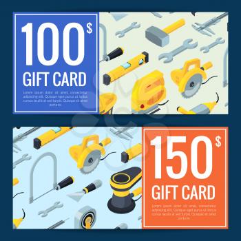 Vector construction tools isometric icons discount or gift card voucher templates illustration
