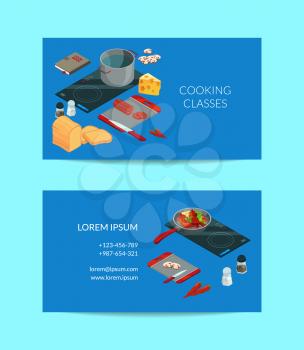 Vector cooking food isometric objects business card template for chef school illustration