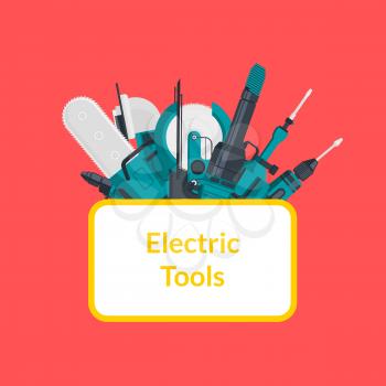 Vector electric construction tools under ellipse with place for text illustration