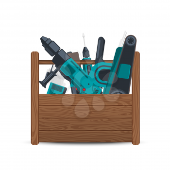 Vector wooden box with electric construction tools isolated on white background. Illustration of toolbox for work, equipment hardware instrument