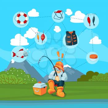 Vector concept illustration with fisherman and cartoon fishing equipment infographic