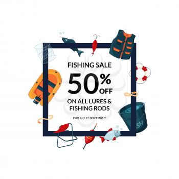 Vector frame with cartoon fishing equipment around it with place for text in center illustration