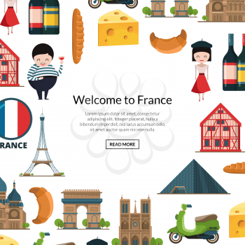 Vector cartoon France sights and objects background with place for text illustration