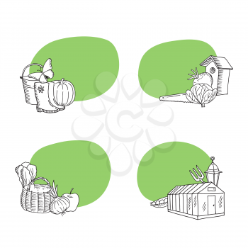 Vector gardening doodle icons stickers set with place for text illustration