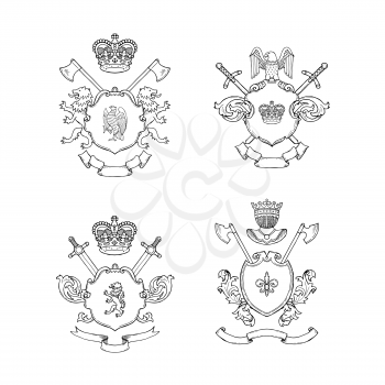 Vector set of hand drawn line heraldics badge illustration isolated on white