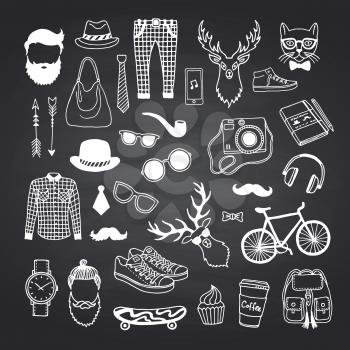 Vector set of hipster doodle icons bike and beard on black chalkboard illustration