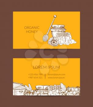 Vector business card template for honey farmer or shop with sketched contoured honey theme elements illustration