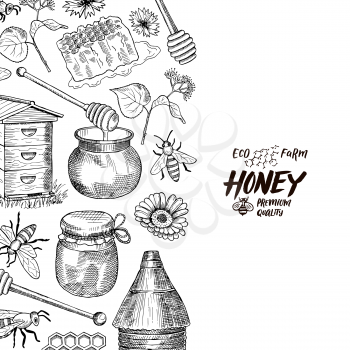 Vector banner and poster background with sketched contoured honey theme elements with place for text illustration