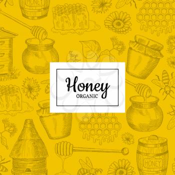 Vector background with sketched contoured honey theme elements with place for text. Banner and poster nature honey illustration