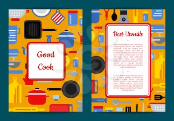 Vector flat style kitchen utensils card, flyer or brochure template for cooking classes or home and kitchen accessories shop illustration