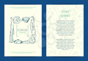 Vector card, flyer or brochure of set template for kitchen accessories shop or cooking classes with hand drawn kitchen utensils illustration
