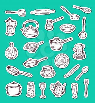 Vector stickers set with hand drawn kitchen utensils isolated in green illustration