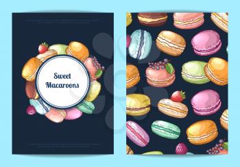 Vector card, flyer or brochure template for sweet or pastry shop with colored hand drawn macaroons illustration