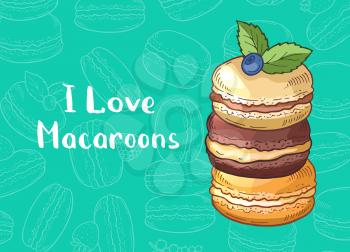 Vector background with colored hand drawn sweet macaroons and place for text illustration
