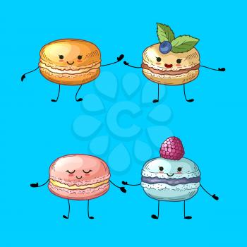 Vector characters pairs of colored hand drawn macaroons with cute faces illustration