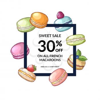 Vector frame with flying hand drawn macaroons around it with place for text in center illustration. Macaroon dessert banner for pastry menu