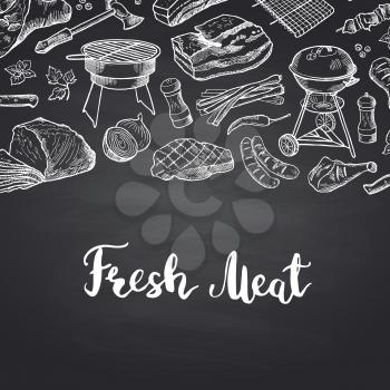 Vector hand drawn meat elements background illustration with lettering. Banner meat menu for restaurant