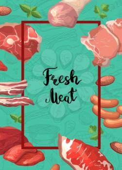 Vector cartoon meat elements frame with flying around it with place for text in center illustration