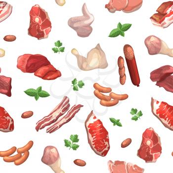 Vector cartoon meat elements pattern or background illustration. Fresh meat for cook