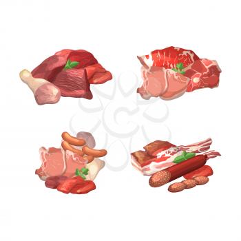Vector set of cartoon meat elements piles illustration. Collection of meat food, steak of pork, beef raw
