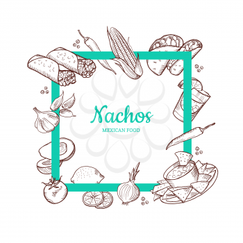 Vector sketched mexican food elements flying around bold empty frame illustration