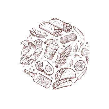 Vector sketched mexican food elements in form of circle illustration isolated on background