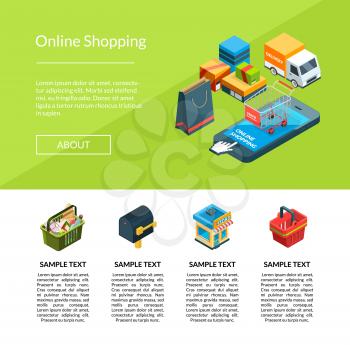 Vector isometric online shopping icons website landing page and web banner template illustration