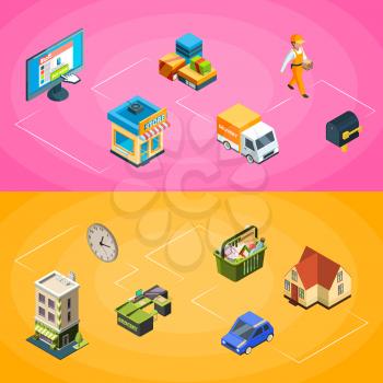 Banner and poster vector isometric online shopping icons infographic concept illustration