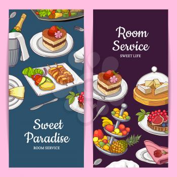 Vector card or flyer templates with hand drawn restaurant or room service elements and place for text. Restaurant brochure with food, hotel service room banner illustration