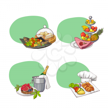 Vector stickers with place for text and hand drawn restaurant or room service elements illustration