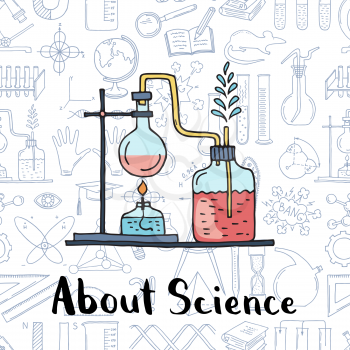 Vector sketched science or chemistry elements composition with lettering on science elements background illustrationt