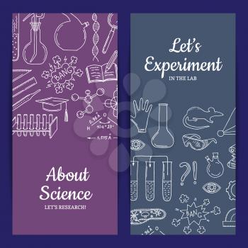 Vector card or flyer template with sketched science or chemistry elements on plain background and place for text illustration