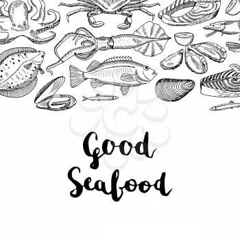 Vector background illustration banner or poster with hand drawn seafood elements and lettering