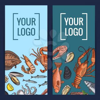 Vector card o rflyer templates with colored hand drawn seafood elements with place for text or logo illustration