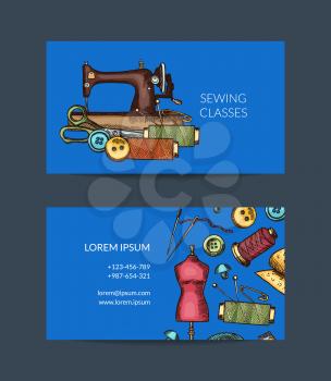Vector hand drawn sewing elements business card template for atelier or sewing classes illustration