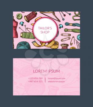 Vector hand drawn sewing elements business card template for atelier, sewing classes or hand crafts shop illustration