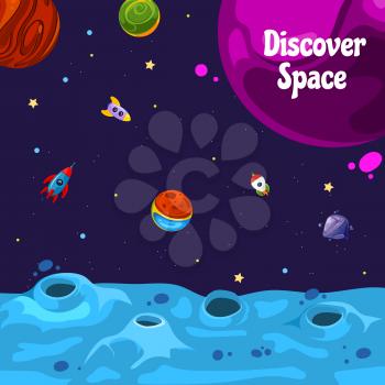 Vector banner background with place for text with cartoon space planets and ships illustration