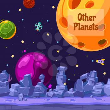 Vector background banner gui with place for text with cartoon space planets and ships illustration