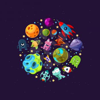 Vector cartoon space planets and ships gathered in circle illustration