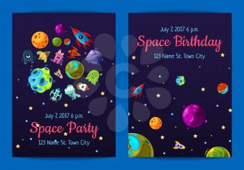 Vector space birthday party invitation templates card of set with space elements, planets and ships illustration