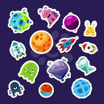 Vector colored cartoon space planets and ships stickers set illustration
