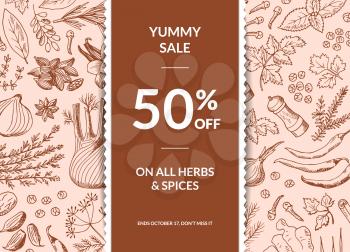 Vector hand drawn herbs and spices sale background with ribbon and place for text illustration. Spice and herb ingredient, sketch drawn organic