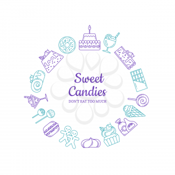 Vector linear style sweets icons in form of circle with place for text in center illustration
